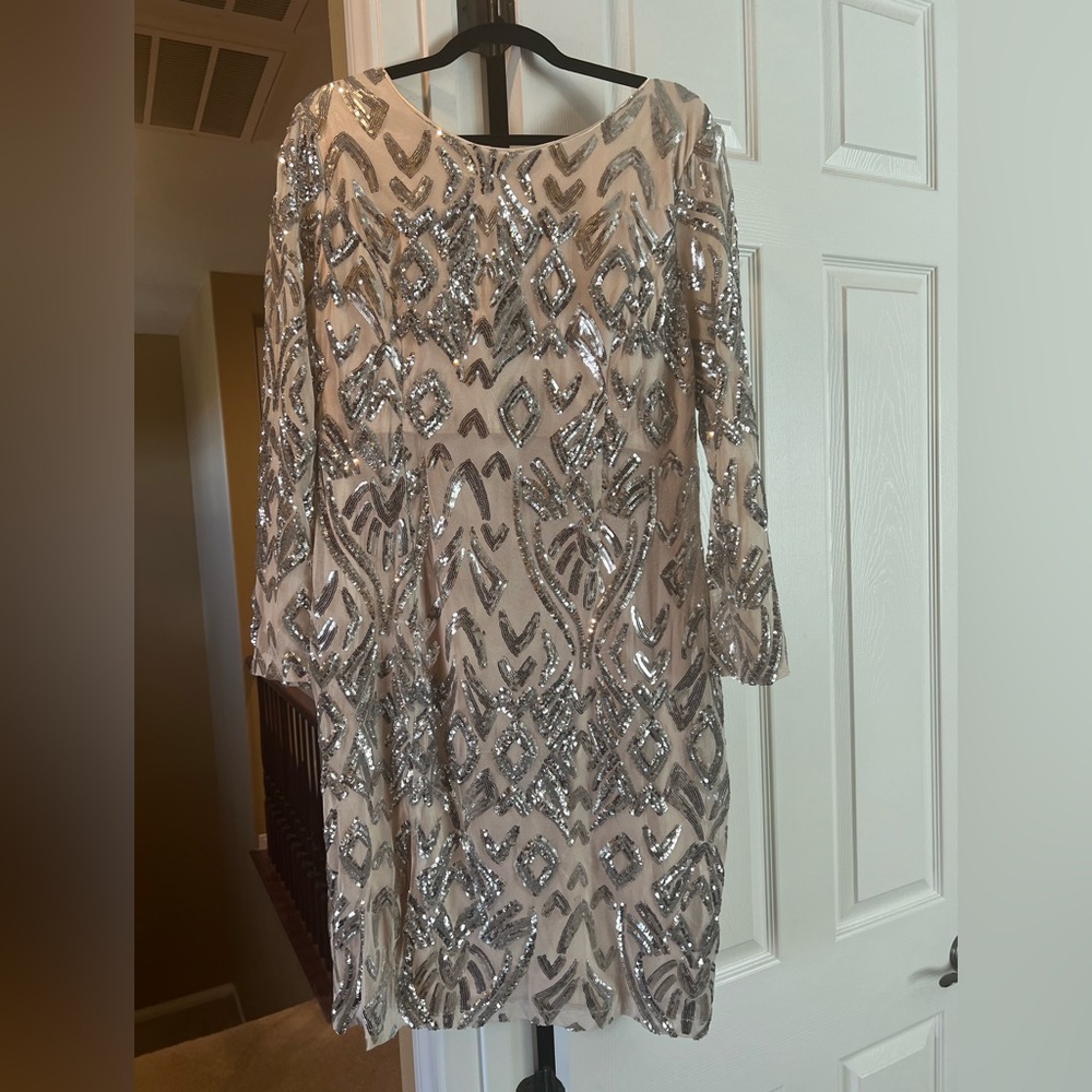 Elegant Silver Sequin Long Sleeve Dress